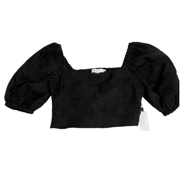 ASTR The Label Tassia Jacquard Puff Sleeve Tie Back Black Top SZ L NWT Romantic - Picture 2 of 14